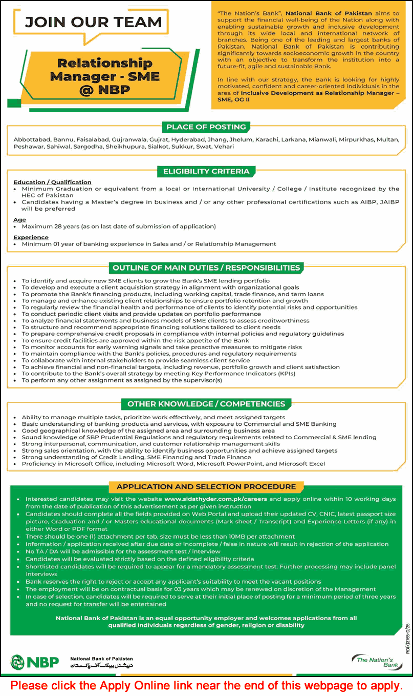 National Bank of Pakistan NBP Relationship Manager SME Jobs 2026 advertisement