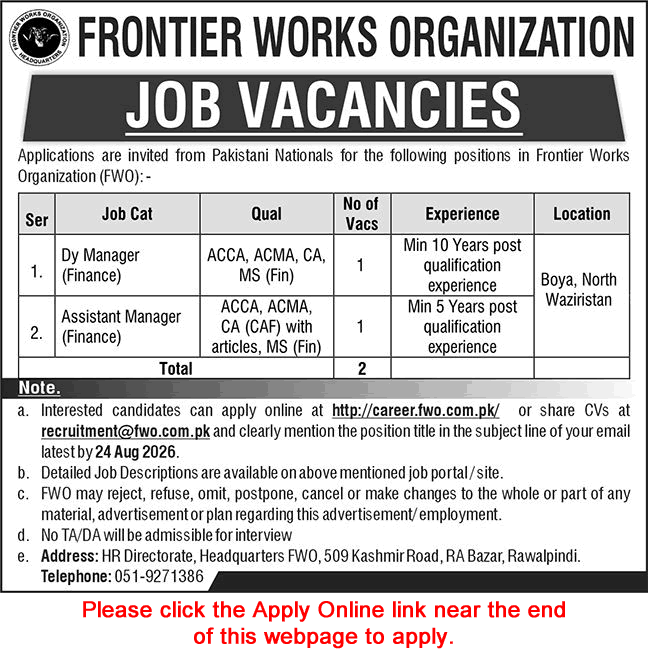 Frontier Works Organization FWO Jobs 2026 Deputy Manager and Assistant Manager Finance advertisement